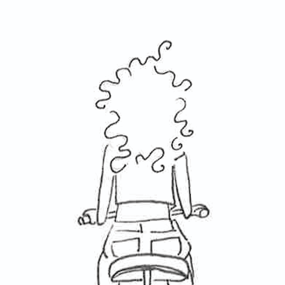 Line drawing of a curly-haired person riding a bicycle, shown from behind — used to indicate a page is coming soon.