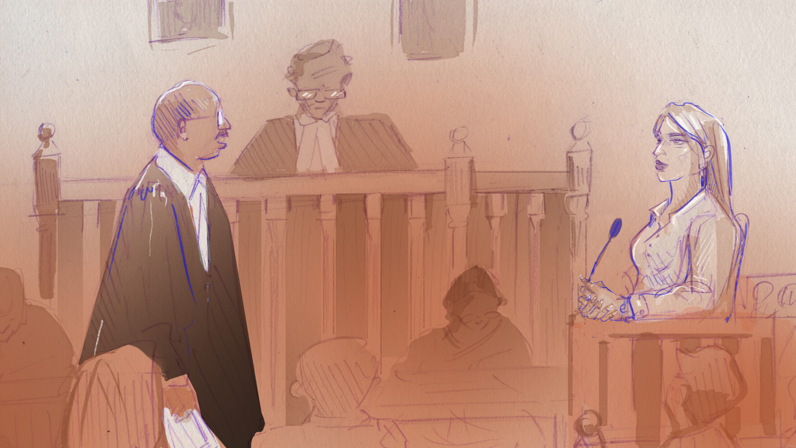 Illustration of a courtroom scene with a judge, lawyer, and witness representing The Jury is Out workplace bias workshop