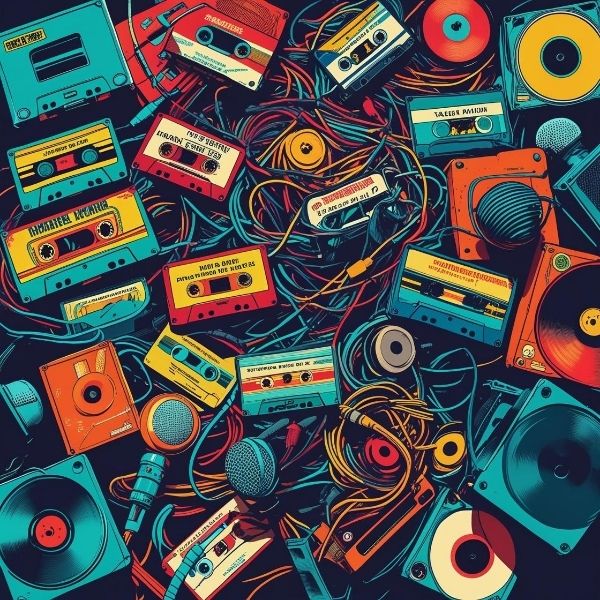 Pop art-style digital collage of tangled retro audio gear — cassette tapes, vinyl records, microphones, Walkmans, and wires — in bright teal, orange, and ochre tones