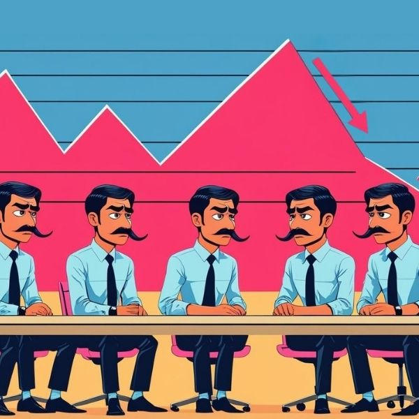 Similar looking men in a conference room, distrssed about the graph showing down. 