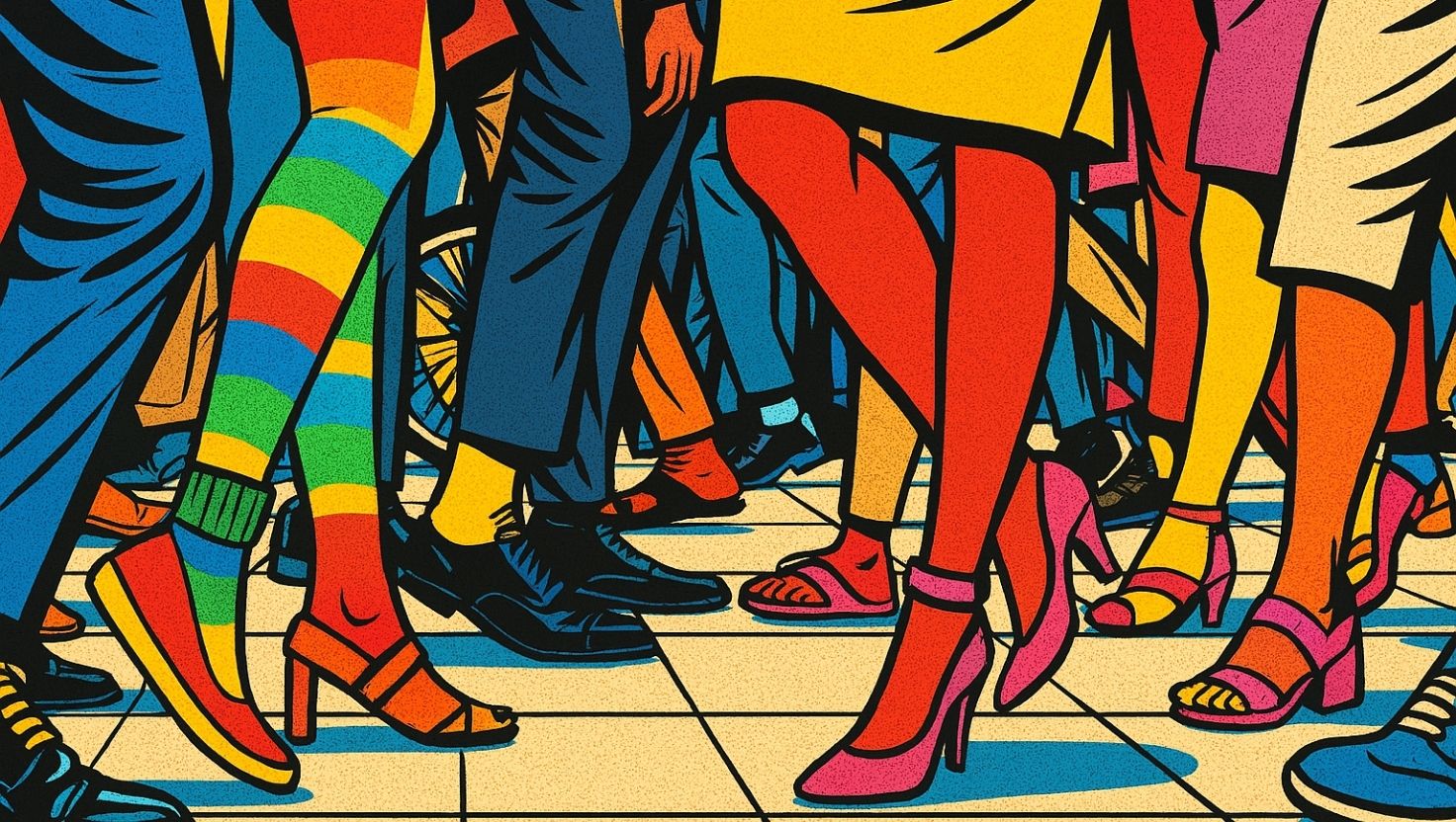 A grid of abstract, pop-art-style symbols in bold colors—representing progress, culture, and inclusion.